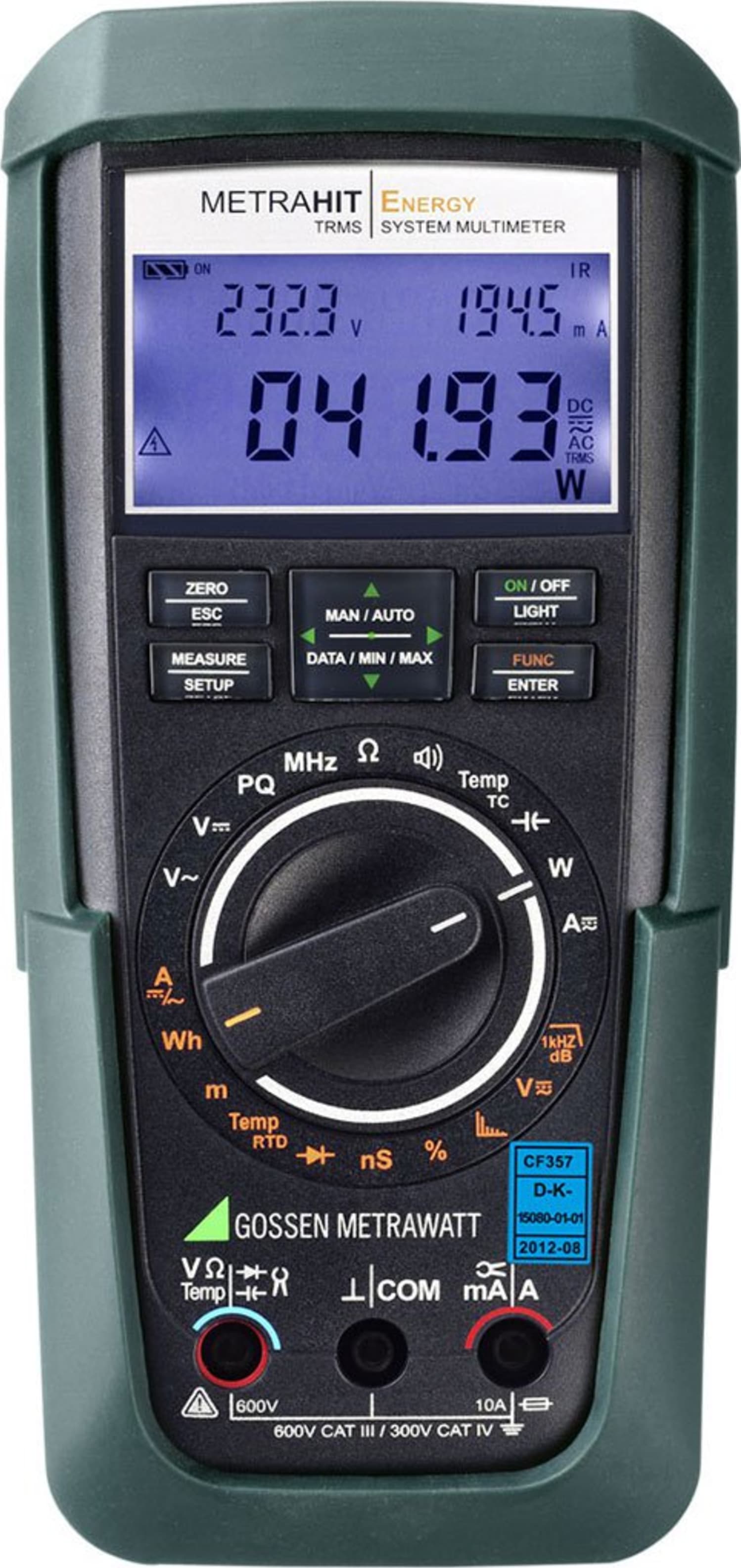 Un multimètre numérique vert et noir avec un écran LCD, un bouton rotatif central et l’inscription Gossen Metrawatt Metrahit Energy.