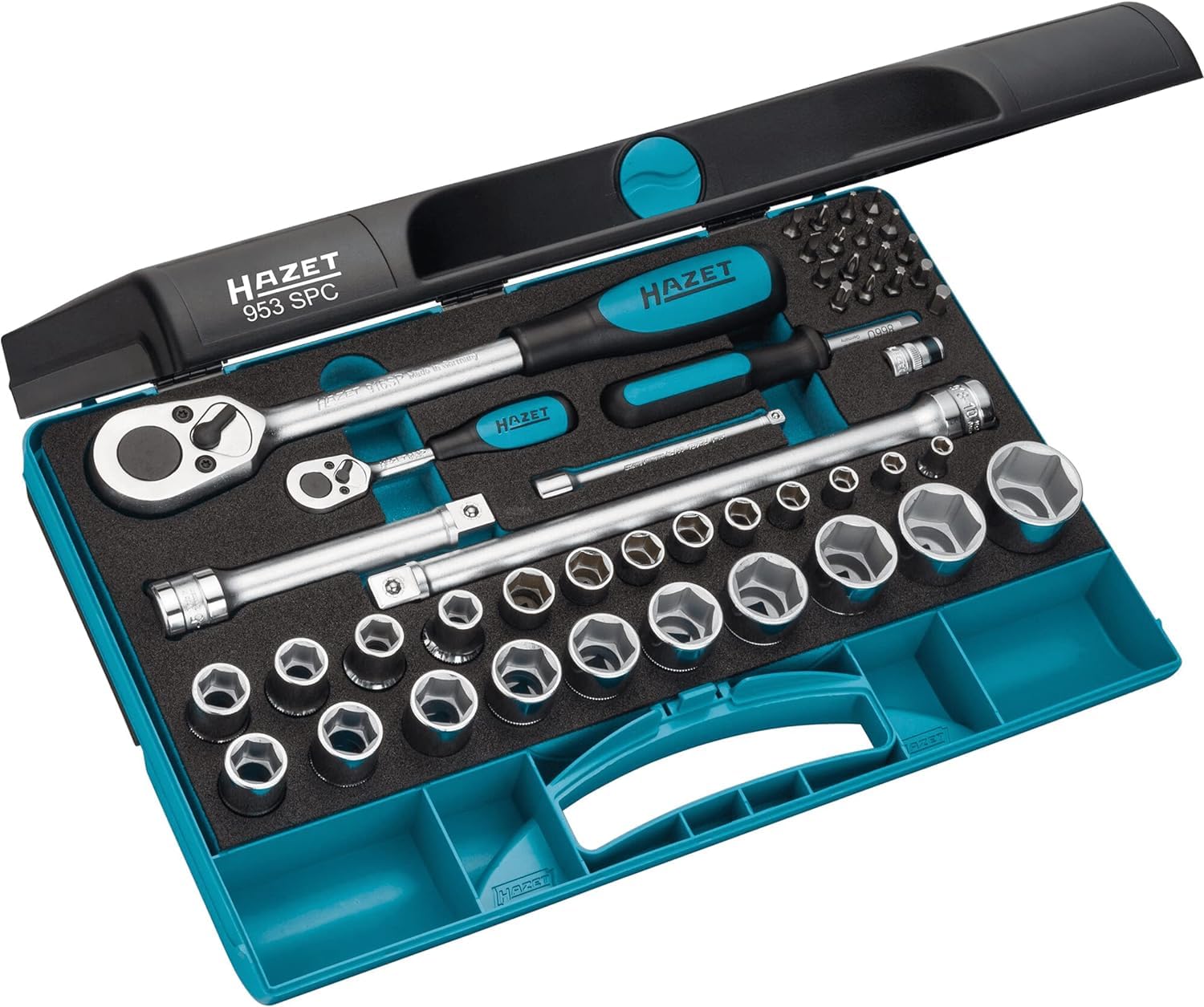 Mallette d’outillage Hazet ouverte contenant des cliquets, douilles et tournevis dans un coffret bleu et noir.