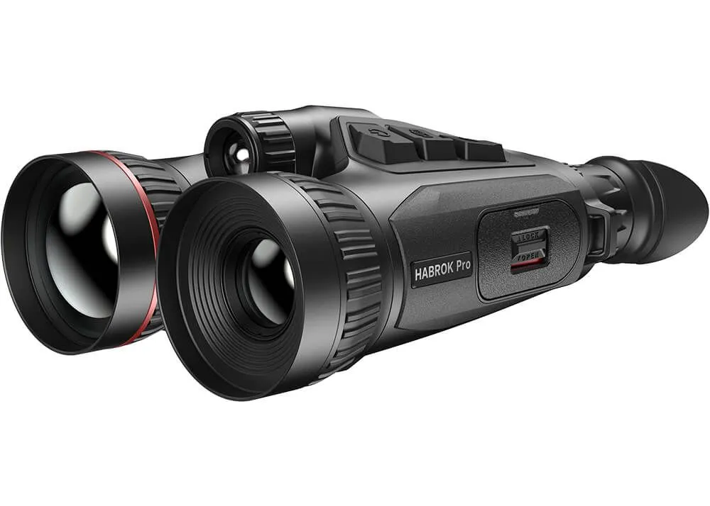 Une paire de jumelles multispectrales noires HABROK Pro avec un anneau rouge autour de l'un des objectifs.