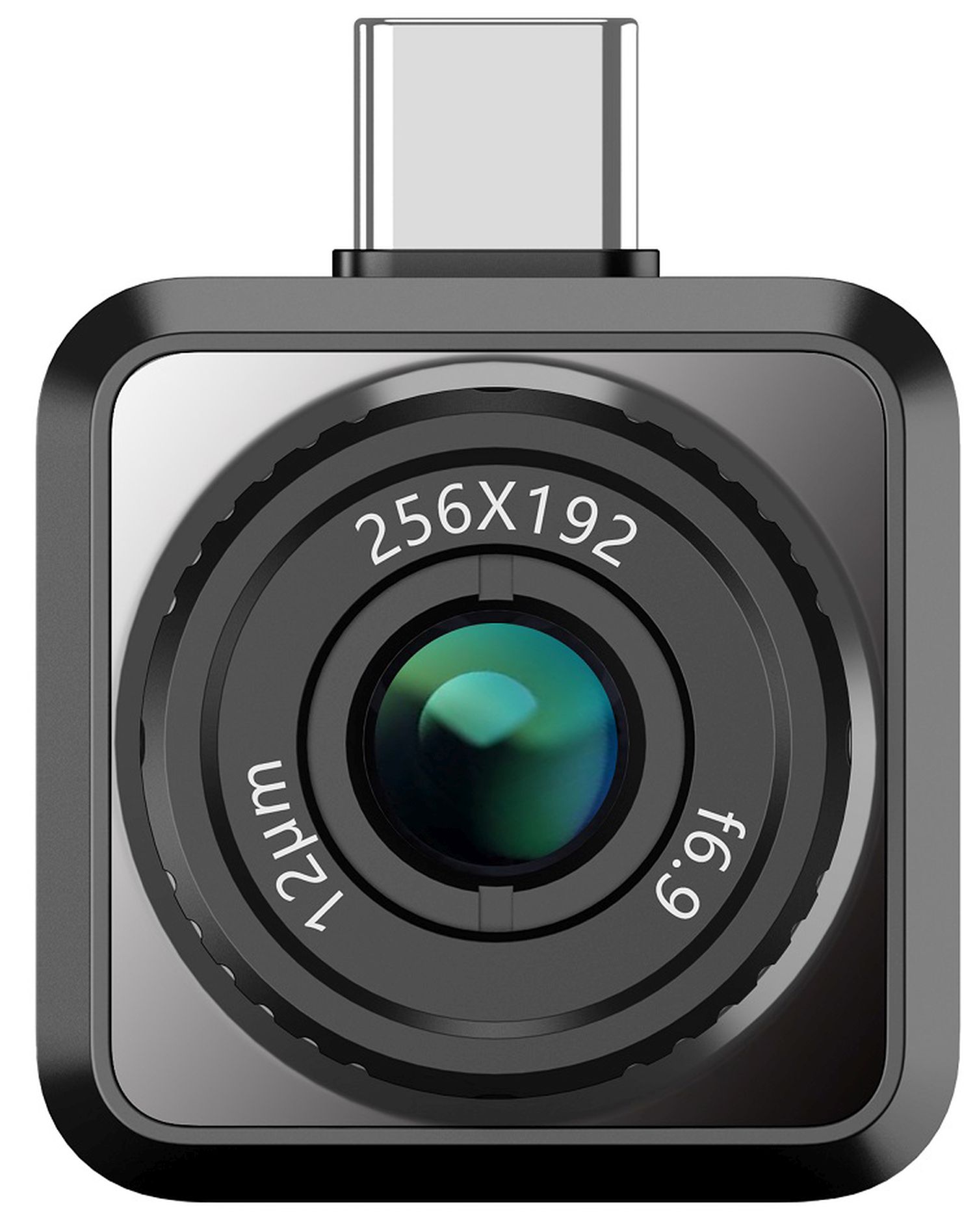 Vue frontale d'une caméra thermique noire avec connecteur USB-C et objectif marqué 256X192, 12μm, f6.9