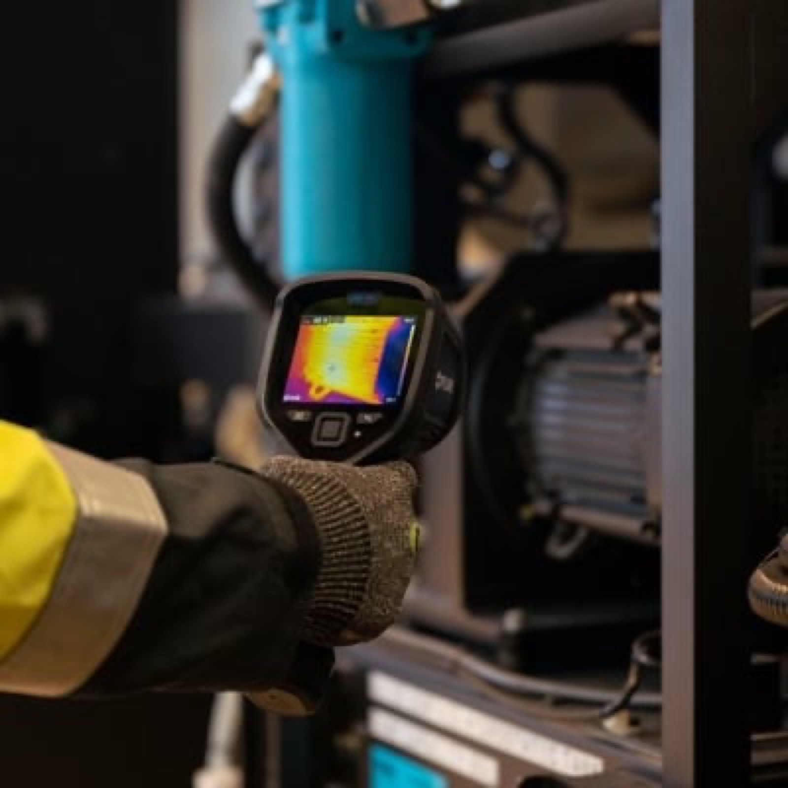 Caméra thermique FLIR de la série Ex tenue en main face à un moteur industriel, écran montrant des zones chaudes