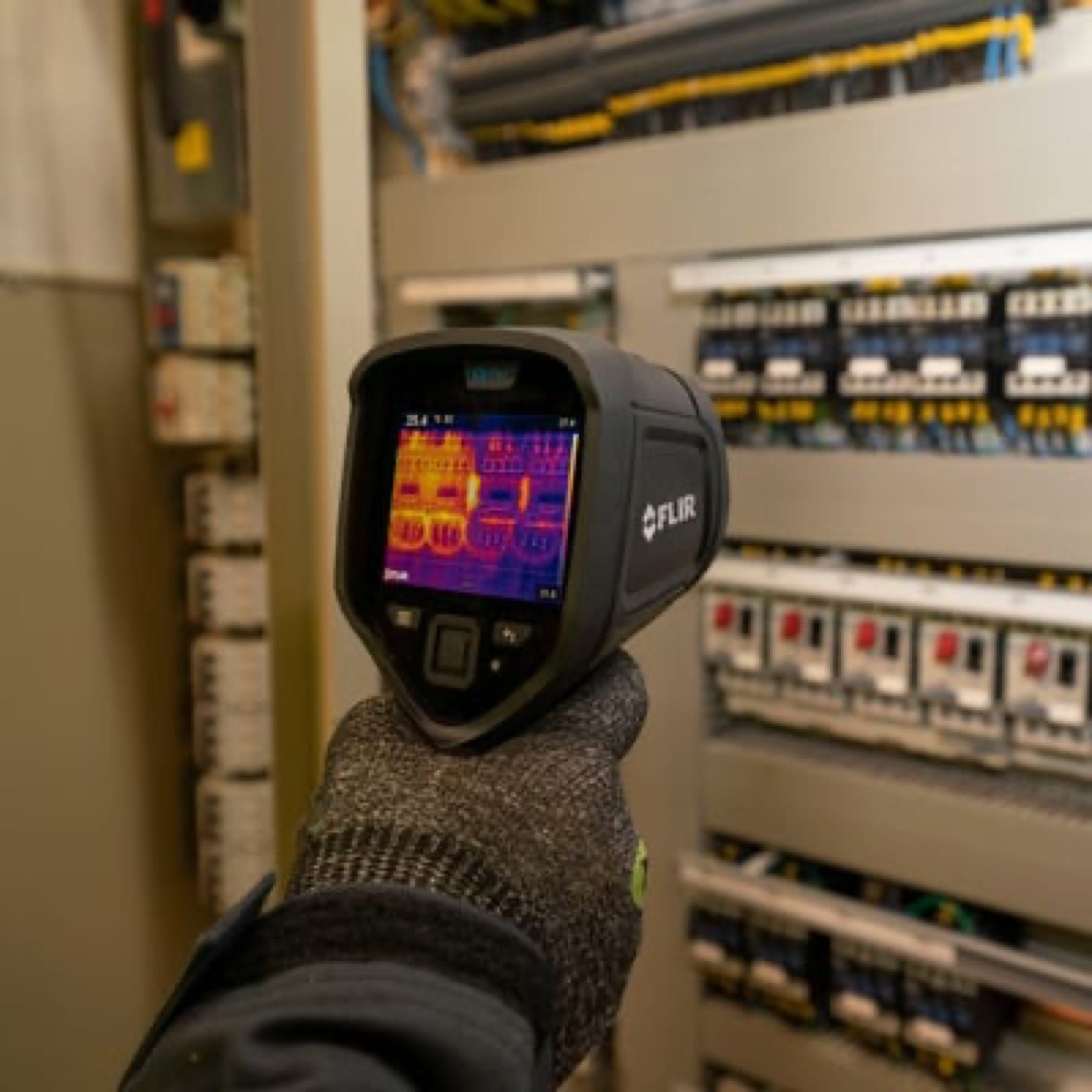 Caméra FLIR de la série Ex devant un tableau électrique