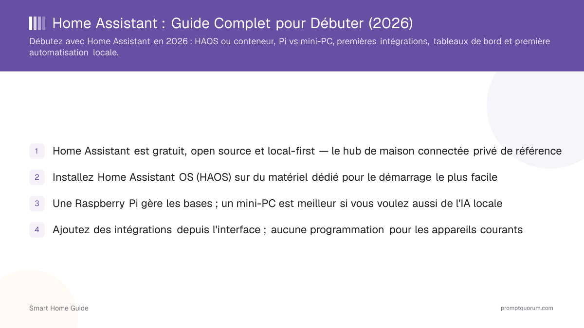 Page de guide pour débuter avec Home Assistant en 2026 listant quatre points clés sur l’installation et les intégrations.