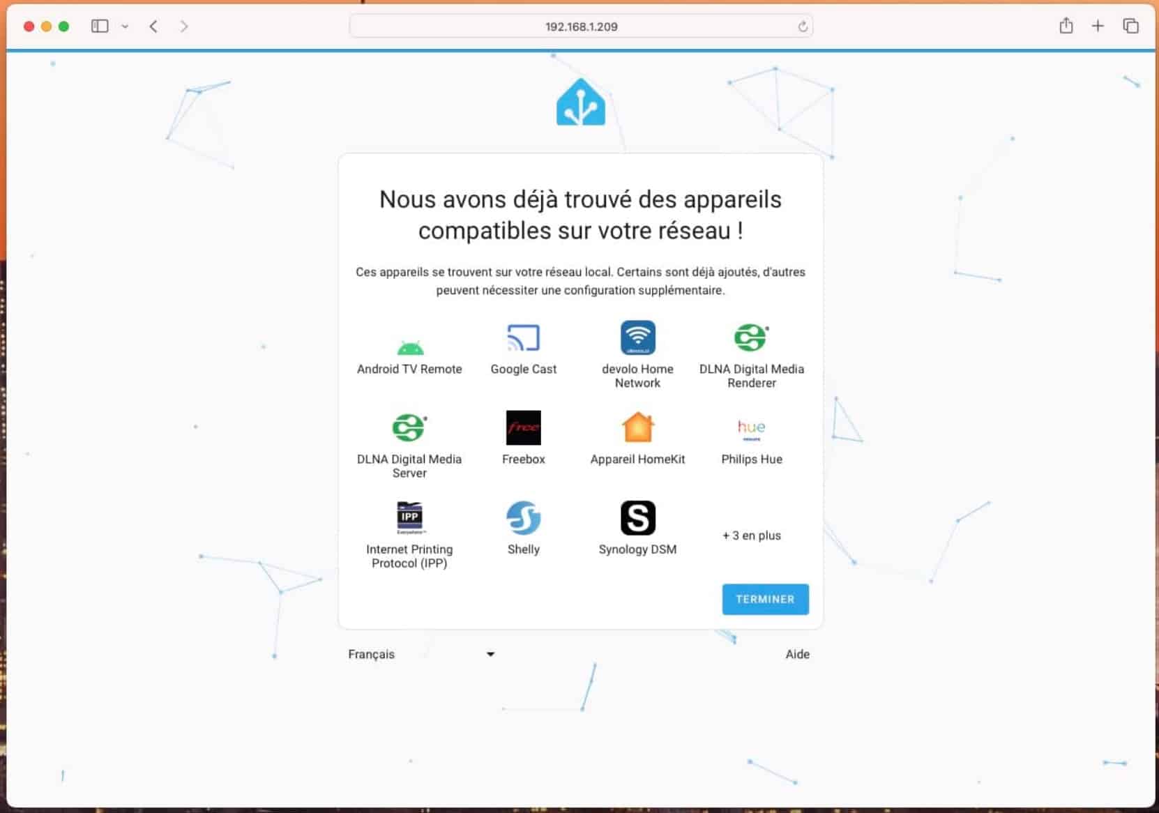 Capture d’écran de l’interface de Home Assistant détectant automatiquement des appareils compatibles sur le réseau local lors de la configuration initiale.