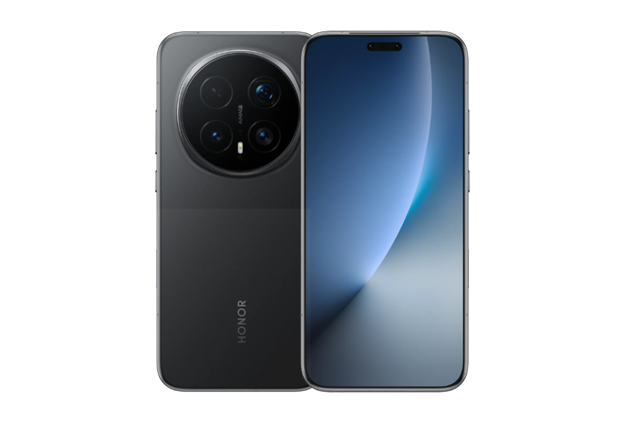 Image officielle montrant la face arrière noire d’un smartphone HONOR avec son module photo rond et la face avant avec l’écran allumé sur fond blanc.