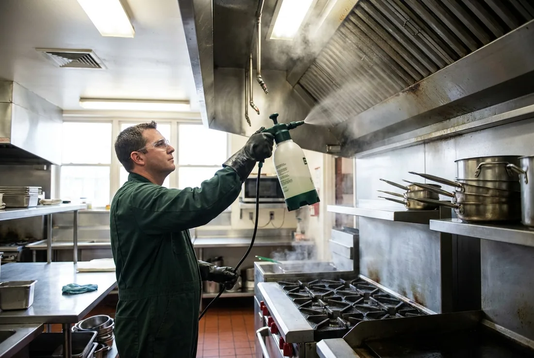 Un technicien en combinaison verte pulvérise un produit nettoyant sur l’intérieur d’une hotte de cuisine professionnelle en inox.