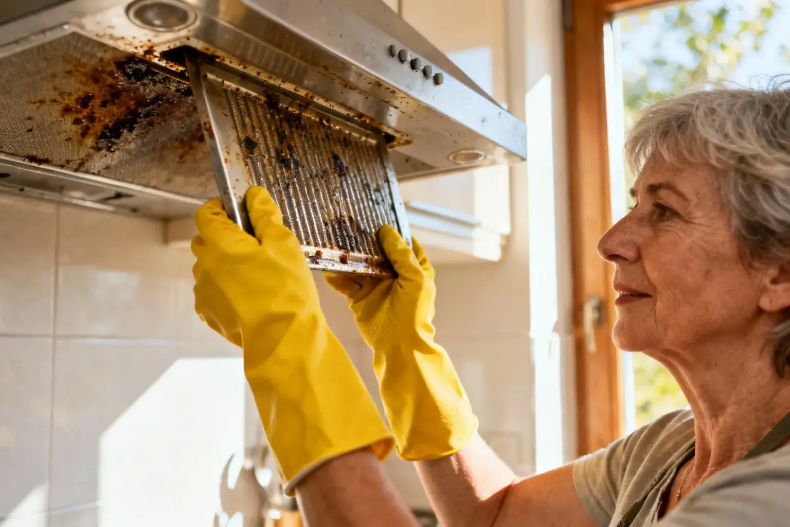 Une femme portant des gants jaunes de ménage retire un filtre métallique couvert de graisse brûlée d’une hotte de cuisine domestique.