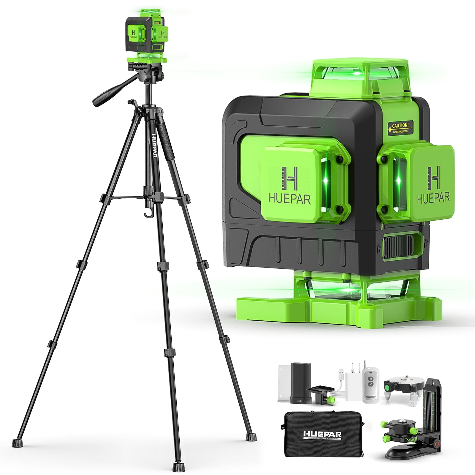 Un niveau laser vert et noir Huepar monté sur un trépied noir, avec vue rapprochée du laser et accessoires incluant batterie, chargeur, télécommande, support magnétique et mallette de transport.