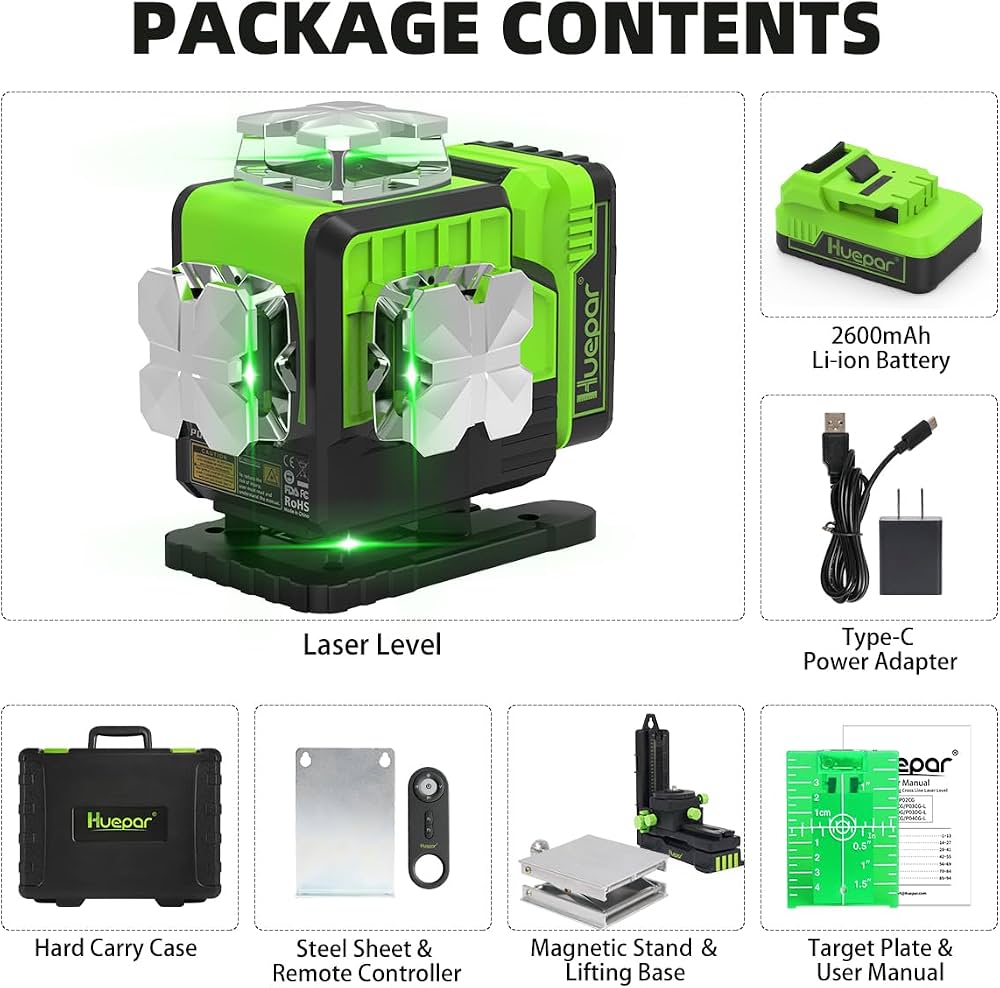 Un niveau laser vert et noir Huepar avec batterie 2600mAh, adaptateur Type-C, mallette de transport, plaque d’acier, télécommande, support magnétique, plaque cible et manuel utilisateur.