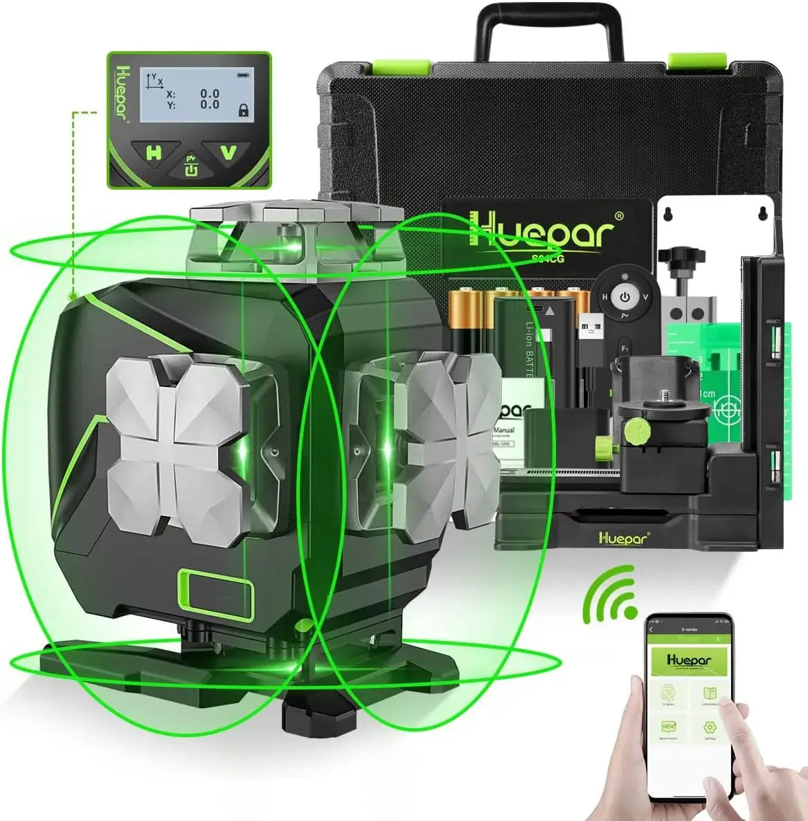 Un niveau laser vert et noir Huepar S04CG projetant des lignes laser vertes, accompagné d’une mallette ouverte avec batteries et accessoires, d’un écran digital et d’un smartphone avec l’application Huepar.