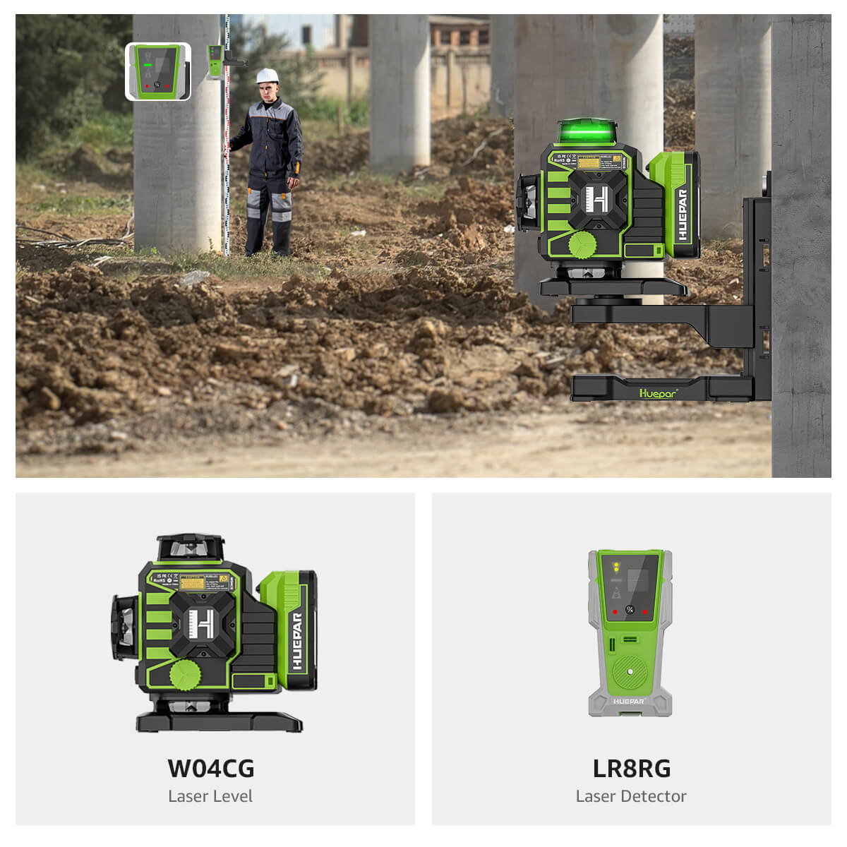 Image composite montrant un niveau laser Huepar utilisé sur un chantier ainsi que les références du modèle W04CG et du détecteur LR8RG.
