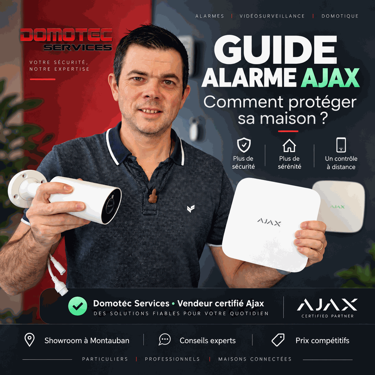 Un homme tenant une caméra et un boîtier Ajax devant une bannière promotionnelle pour un guide sur l’alarme Ajax par Domotec Services.