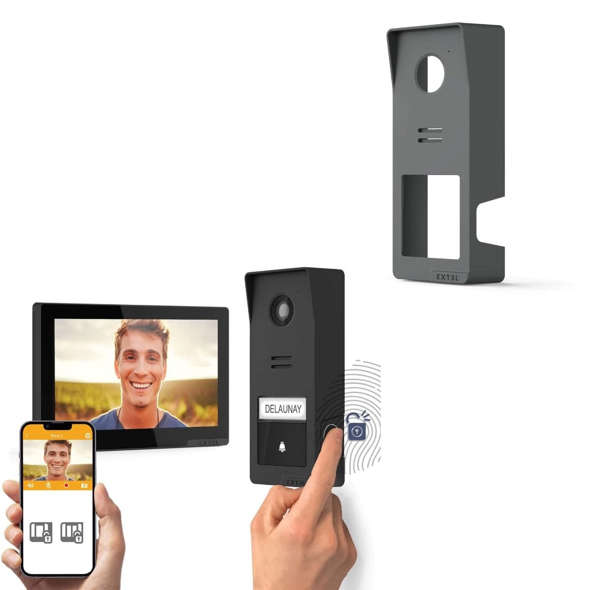Éléments d’un visiophone Extel Wave 3 : platine de rue, moniteur, smartphone et module de commande