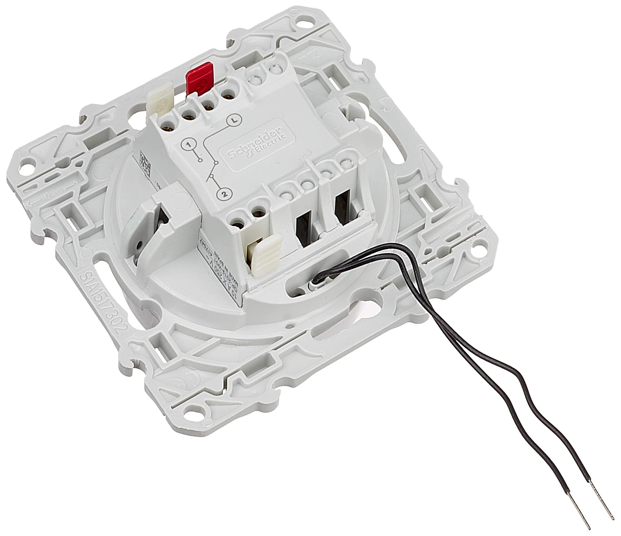 Vue arrière d’un mécanisme d’interrupteur blanc avec bornes de raccordement et deux fils noirs, portant la marque Schneider Electric.