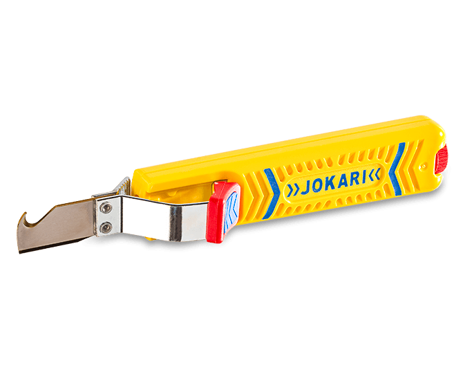 Couteau à câble Jokari Secura No. 28H, poignée pistolet jaune, sur fond blanc