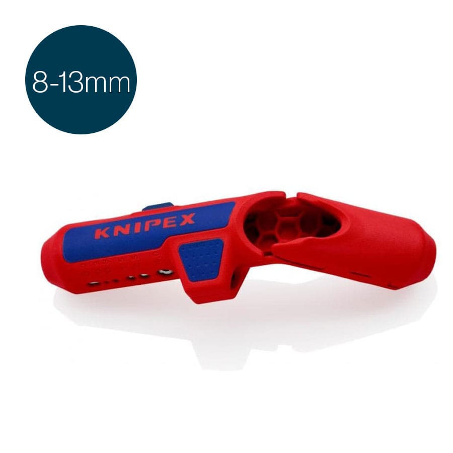 Knipex ErgoStrip 16 95 01 SB posée en pied, poignée pistolet rouge et noir