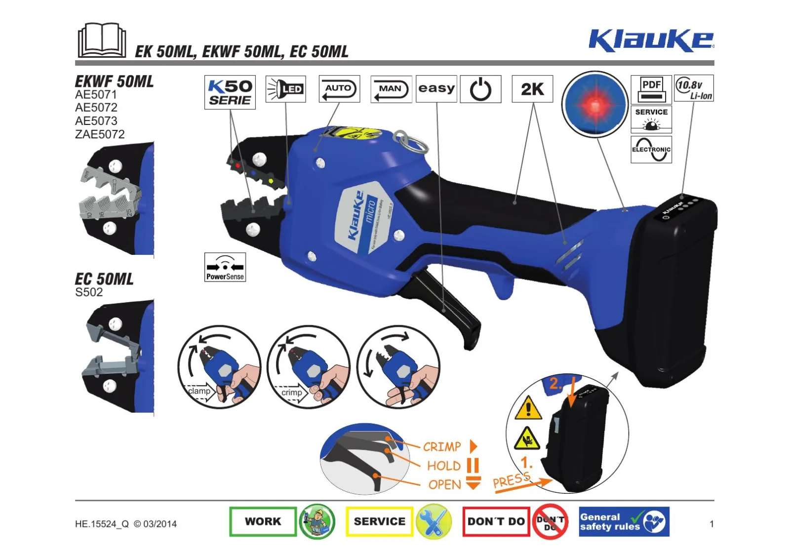 Schéma de notice Klauke montrant la pince de la série EK 50 ML, sa commande au levier, les positions de pré-serrage et de cycle