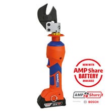 Coupe-câbles électro-hydraulique Klauke orange sur batterie, badge AMP Share Bosch, mâchoire de coupe en tête