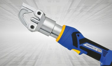 Sertisseuse électro-hydraulique Klauke sur batterie, tête bleue avec mâchoire ouverte et corps ergonomique