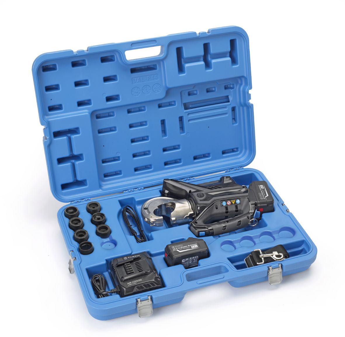 Coffret Cembre B1300-C ouvert avec sertisseuse, batteries, chargeur et jeux de matrices