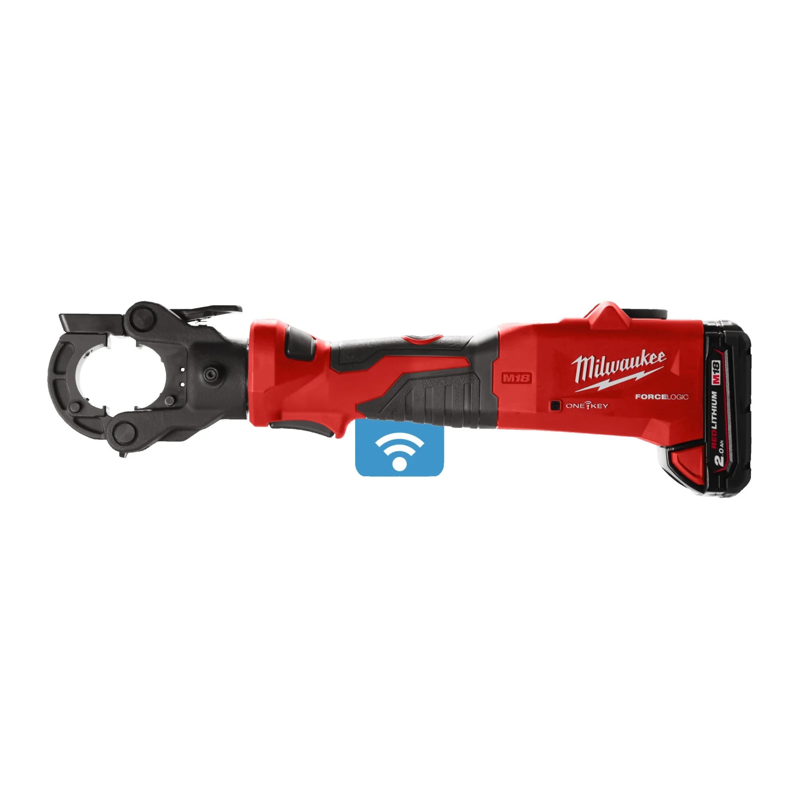 Sertisseuse Milwaukee M18 ONEHCCT60 rouge, tête à loquet ouverte et batterie M18