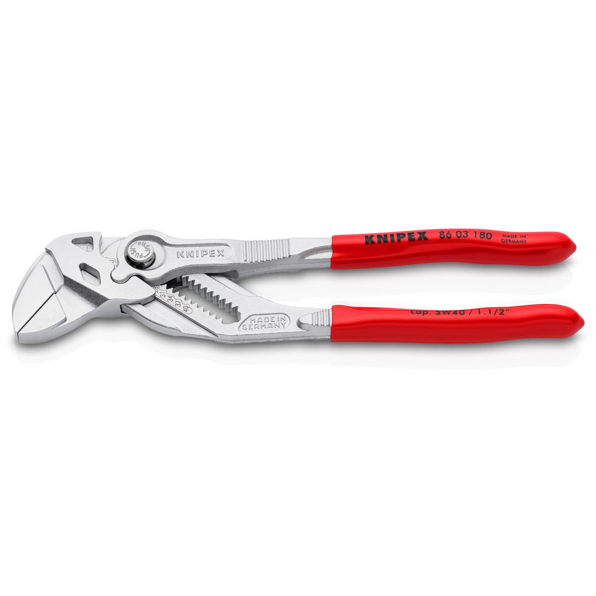 Une pince-clé KNIPEX 86 03 180 aux poignées rouges sur fond blanc.