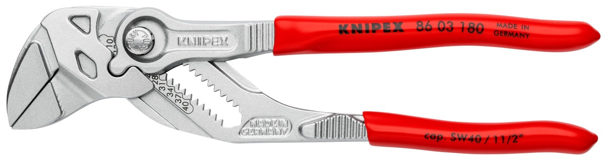 Une pince-clé KNIPEX 86 03 180 aux poignées rouges sur fond blanc.