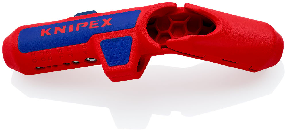 Knipex ErgoStrip 16 95 01 SB selon la fiche officielle, poignée pistolet rouge et noire
