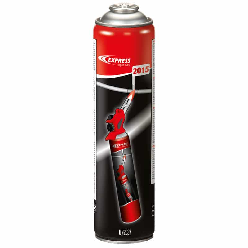 Cartouche de gaz Express Réf. 2015, corps rouge et blanc avec étiquette pentane butane propane
