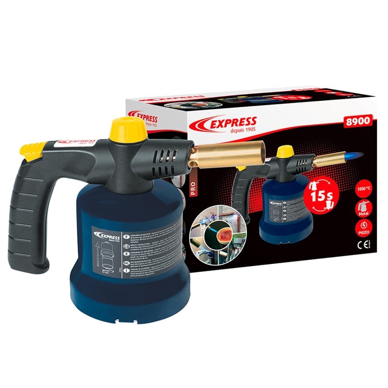 Lampe à souder Express 8900 posée devant son emballage carton, poignée rouge et cloche métallique