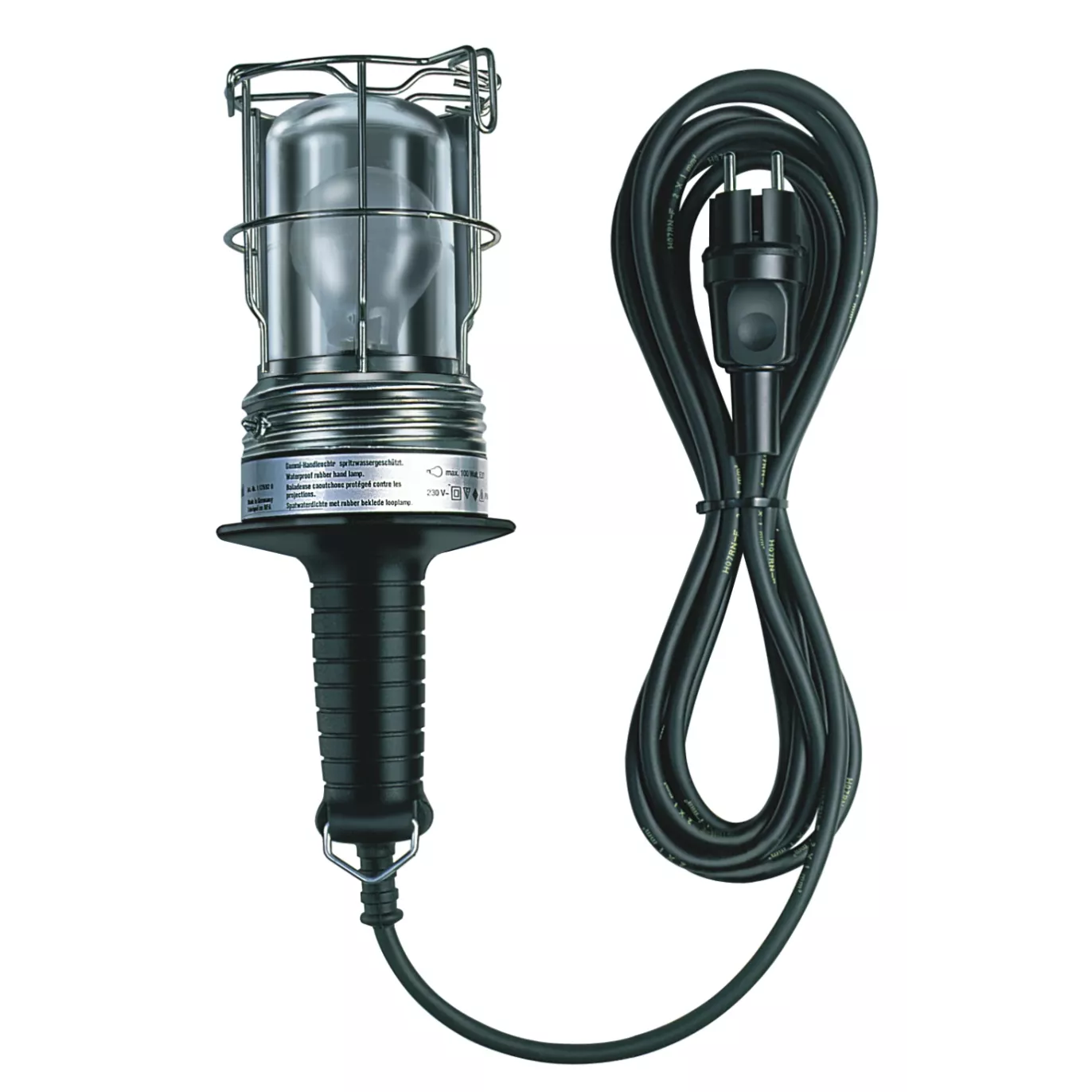 Lampe baladeuse avec cage de protection métallique, globe transparent, poignée noire texturée et câble enroulé avec prise, sur fond blanc.