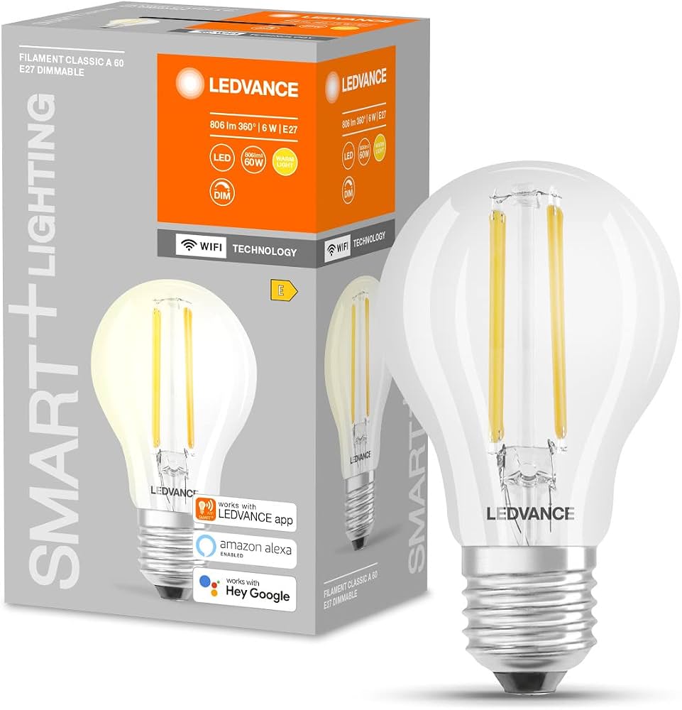 Une ampoule LED à filament classique et son emballage gris et orange de la marque LEDVANCE.