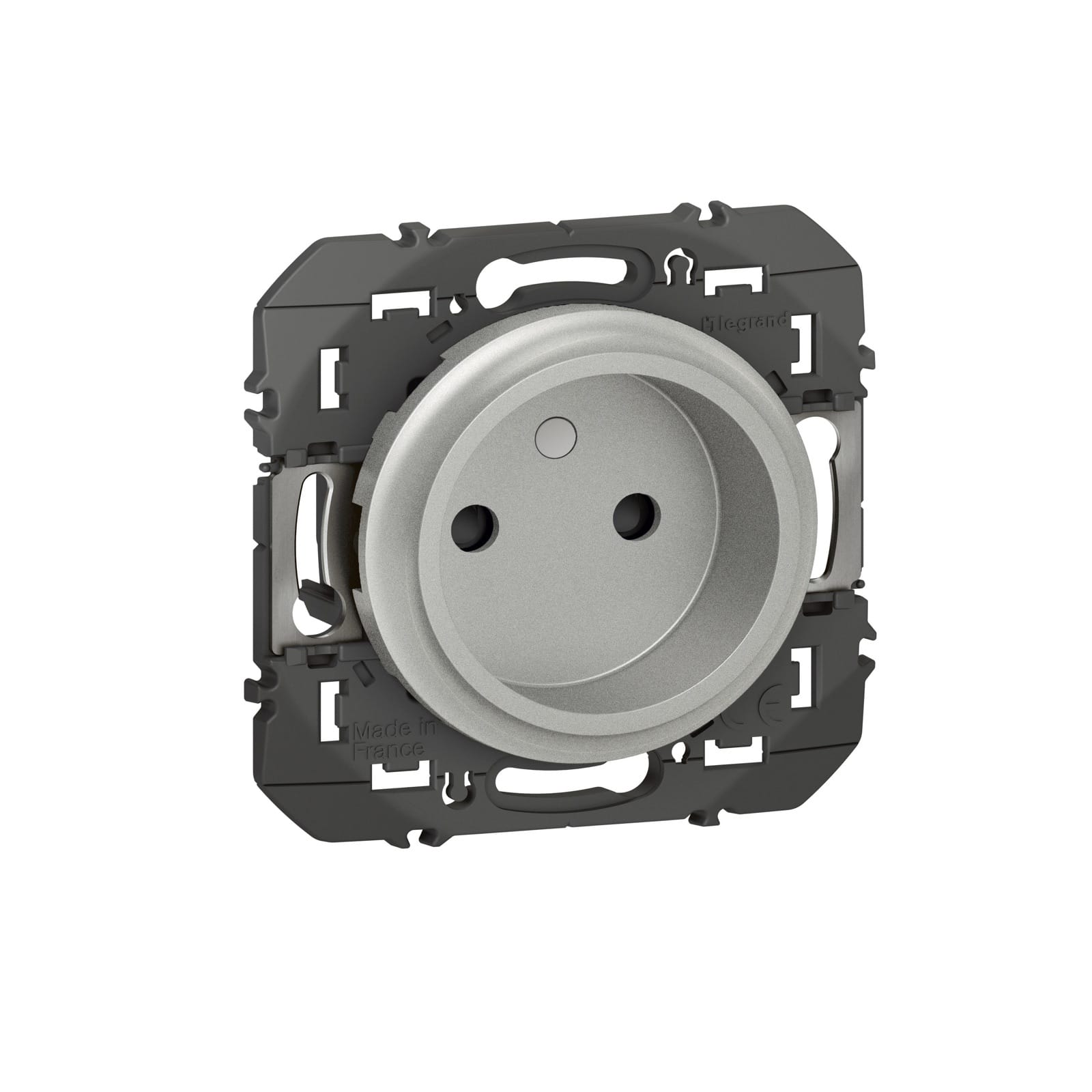 Prise Legrand Dooxie 2P à puits finition aluminium sur son support de fixation