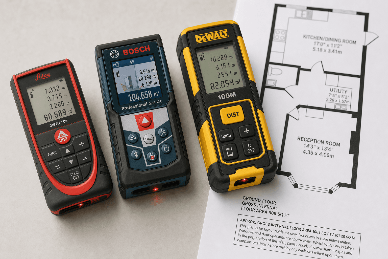 Trois télémètres lasers (Leica DISTO D2, Bosch Professional GLM 50 C et DeWalt 100M) posés à côté d'un plan d'étage imprimé sur papier.