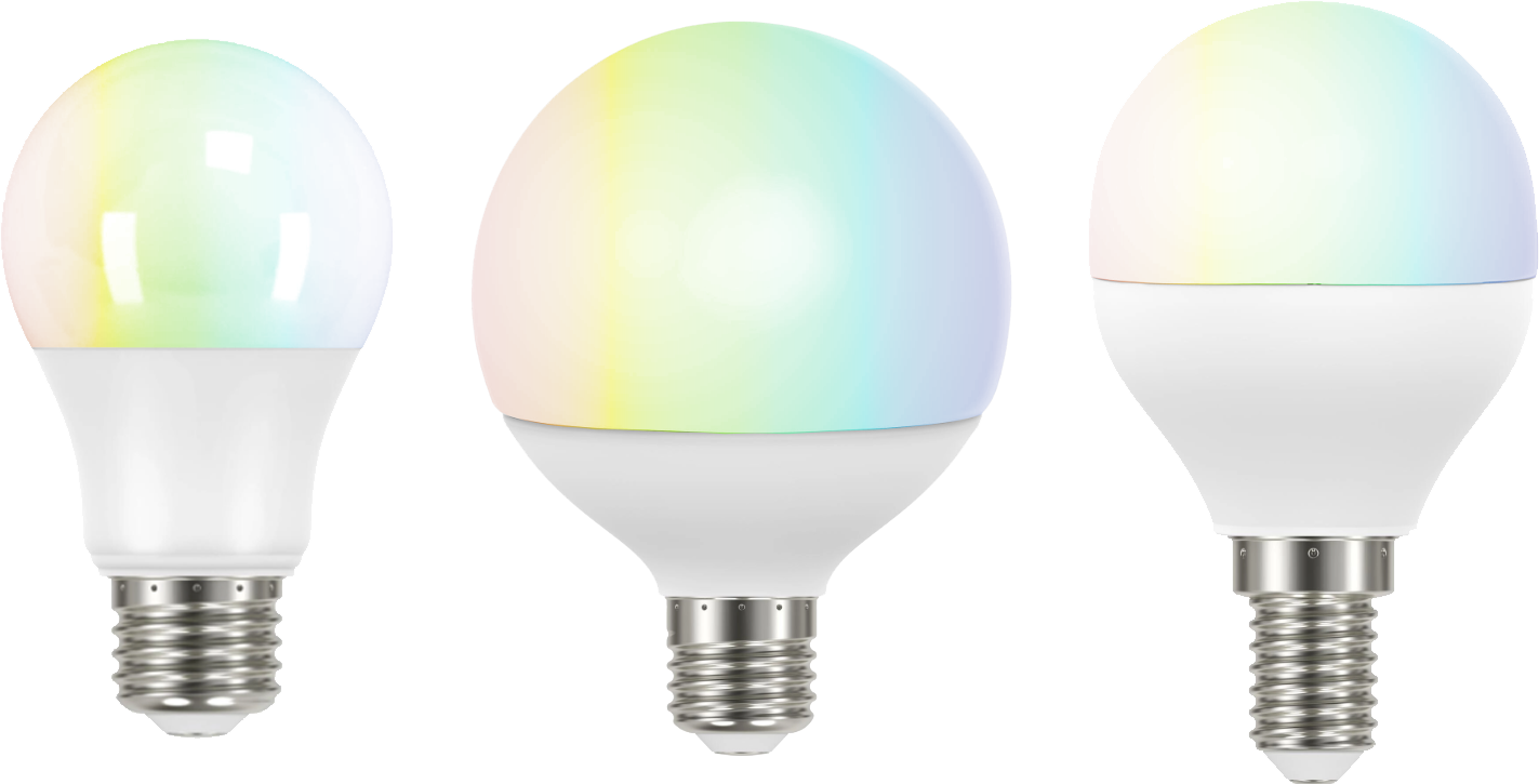 Trois ampoules LED de formes différentes émettant une lumière multicolore sur fond blanc.