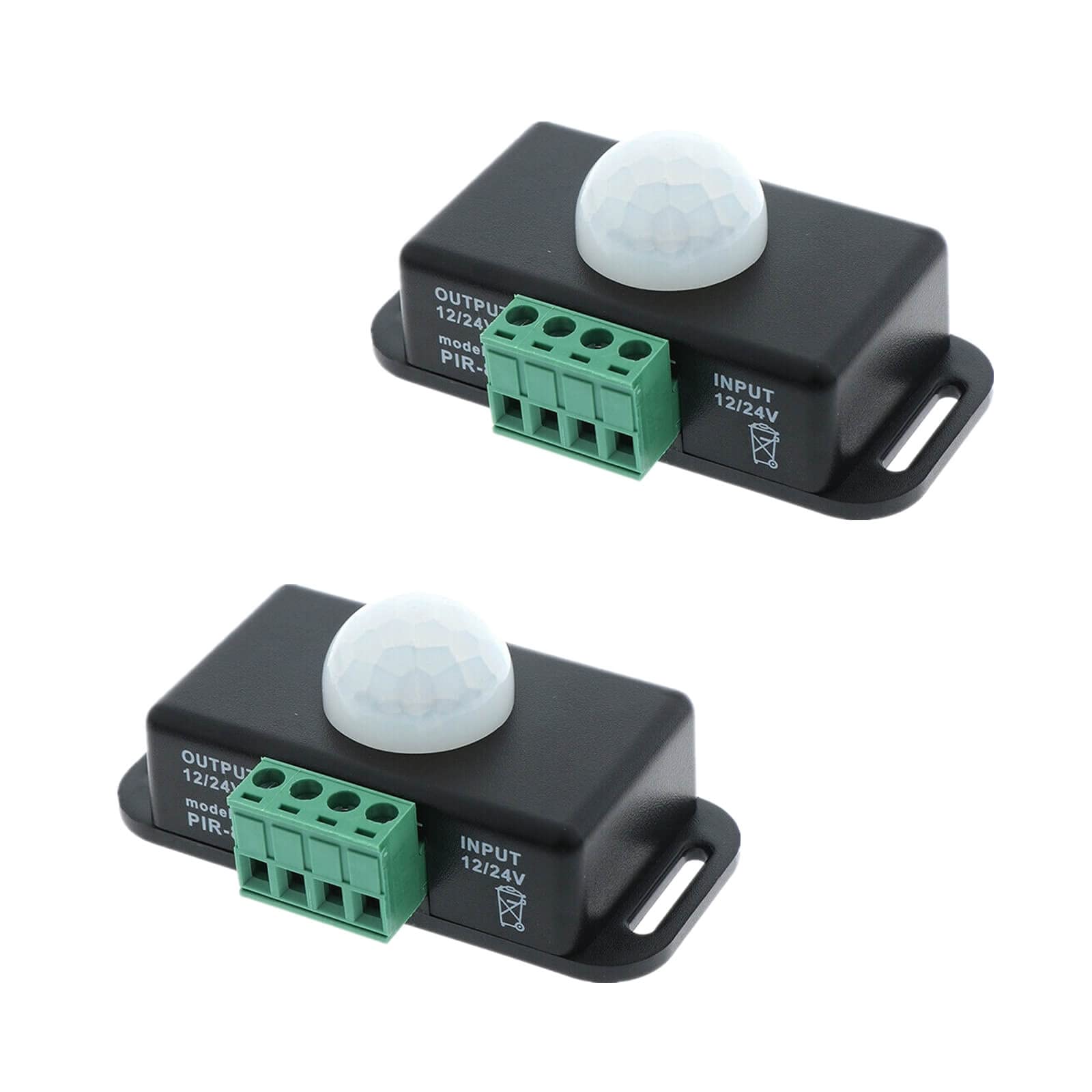 Deux petits boîtiers noirs rectangulaires munis d’un dôme blanc de capteur et de borniers verts, portant les inscriptions INPUT et OUTPUT 12/24V.