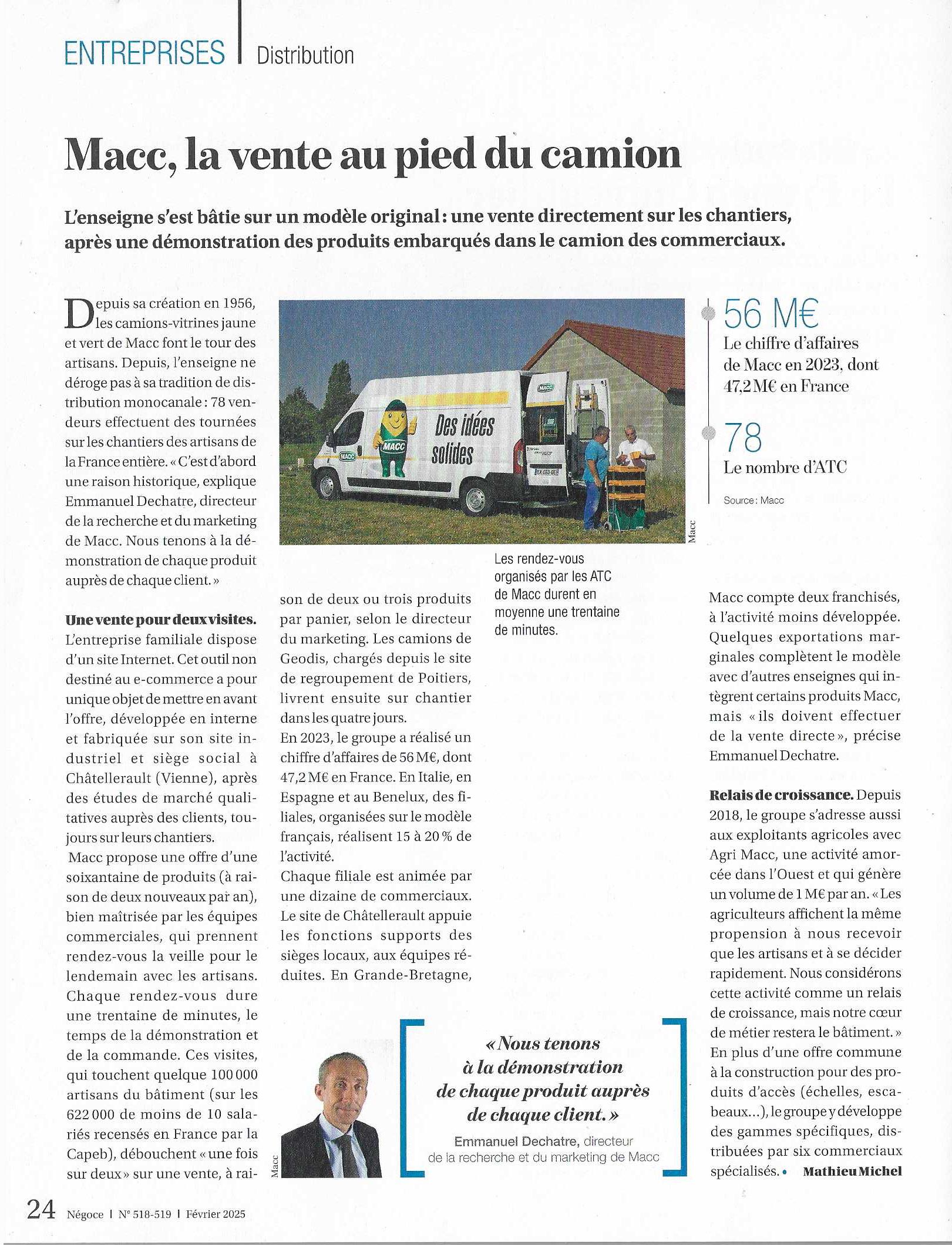 Article du magazine Négoce de février 2025 consacré à la vente directe MACC au pied du camion