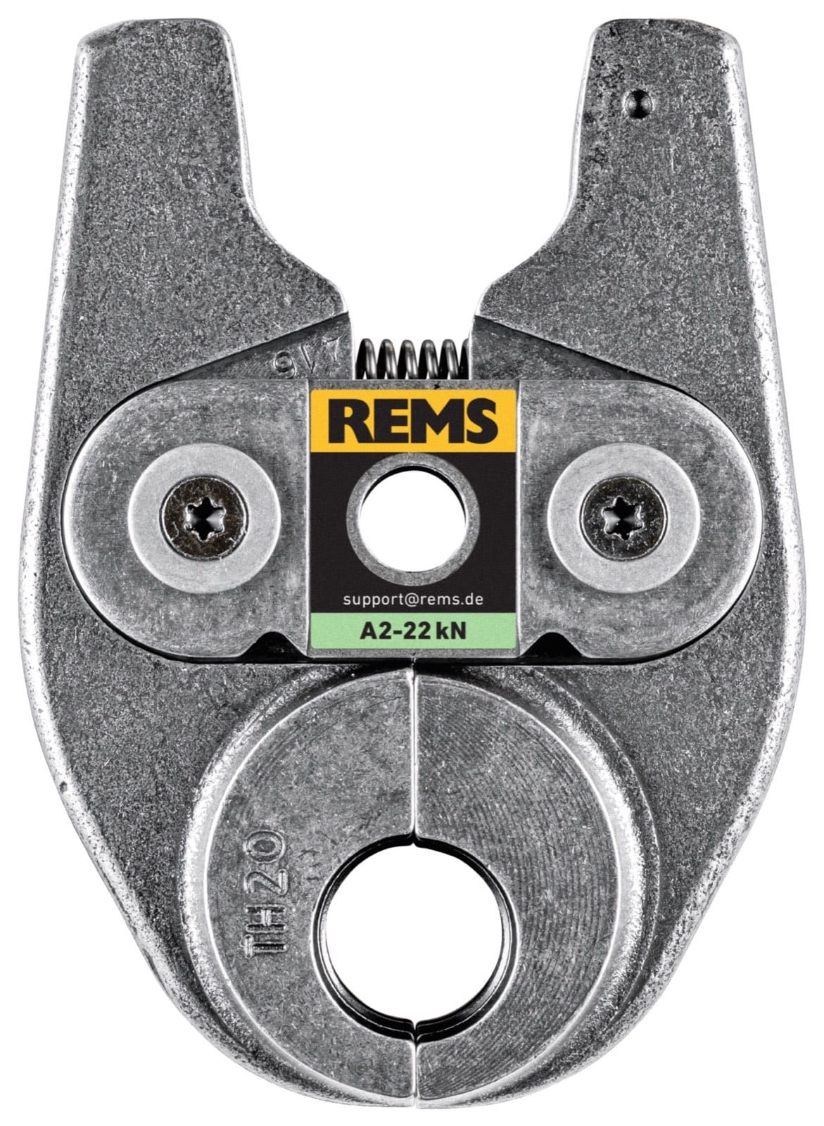 Mâchoire REMS profil TH20, marquée A2-22kN, vue de face avec ses deux vis de fixation