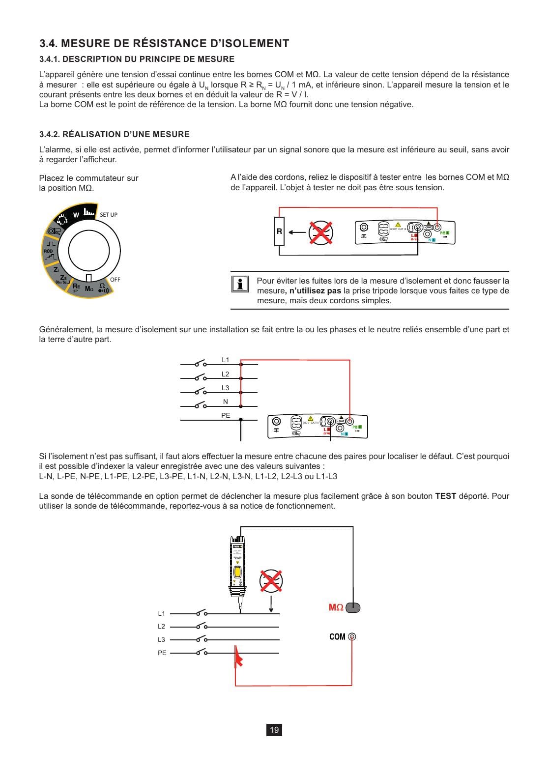 Schéma de mesure d'isolement et avertissement circuit hors tension dans la notice C.A 6117