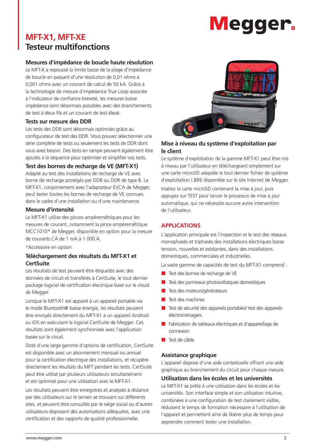 Page de fiche Megger MFT-X1 montrant une mallette et le parcours de résultats vers CertSuite