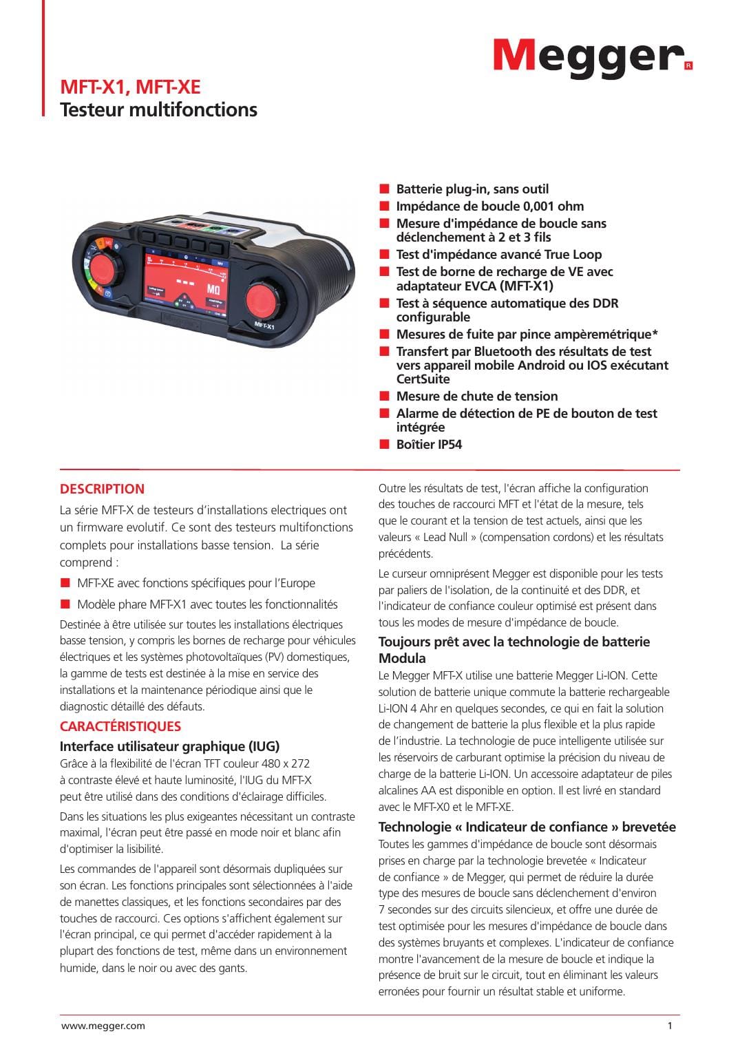 Première page de la fiche technique Megger MFT-X1 présentant le contrôleur, ses essais et son interface