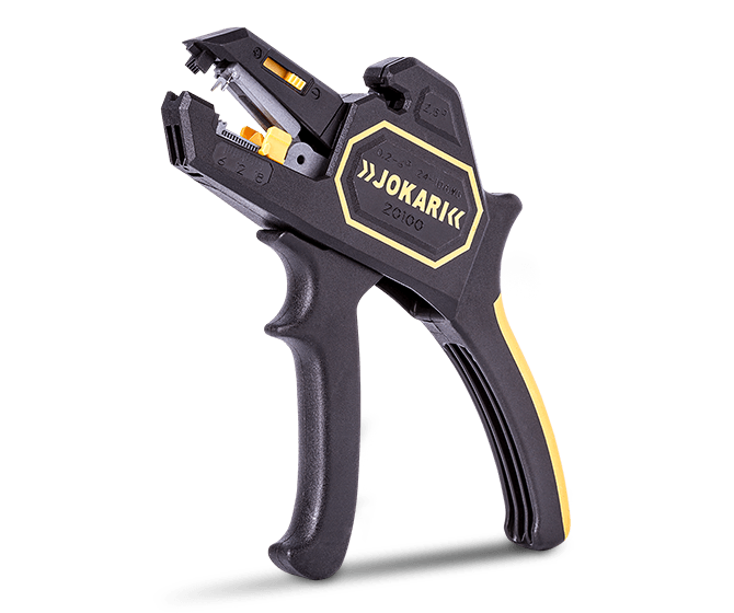 Pince à dénuder automatique Jokari Secura 2K, corps noir et jaune, sur fond blanc