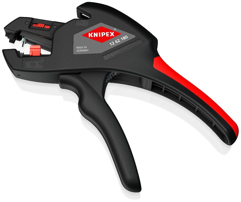 Pince à dénuder automatique Knipex ComStrip 12 62 180, corps noir et poignée rouge, sur fond blanc