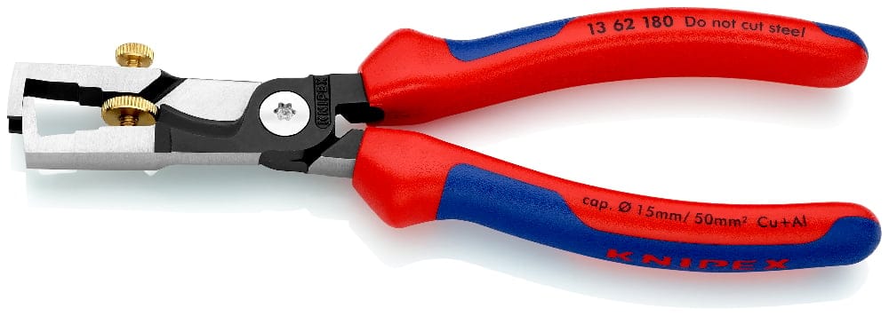Pince à dénuder manuelle Knipex StriX posée sur fond blanc, manches rouges et bleus