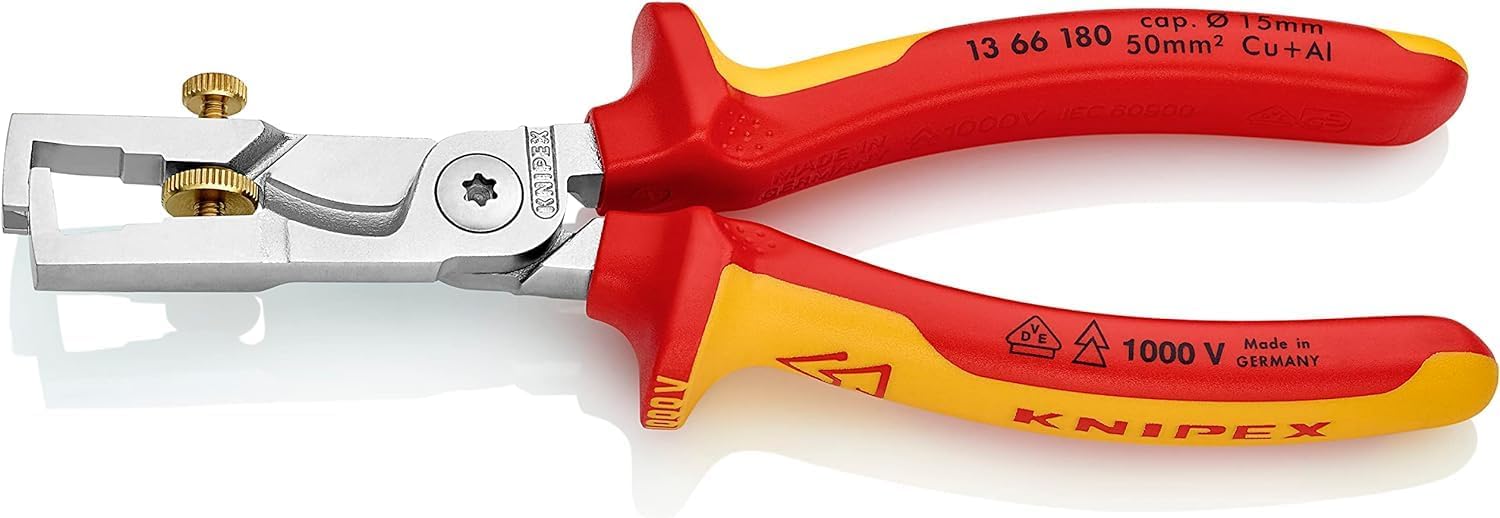 Pince à dénuder Knipex StriX aux manches rouges et jaunes isolés, posée sur fond blanc