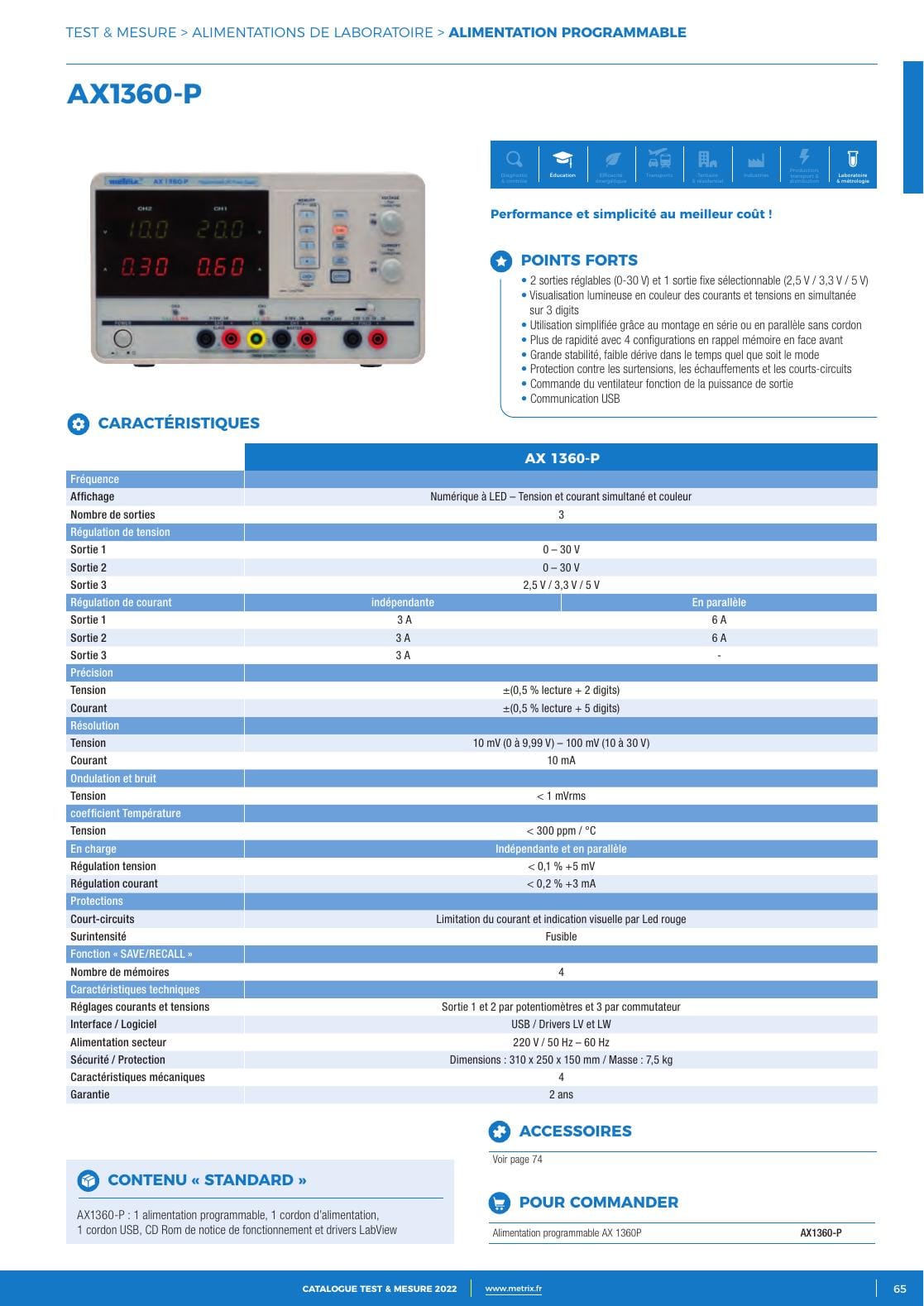 Alimentation de laboratoire Metrix AX 1360-P montrée dans le catalogue 2022