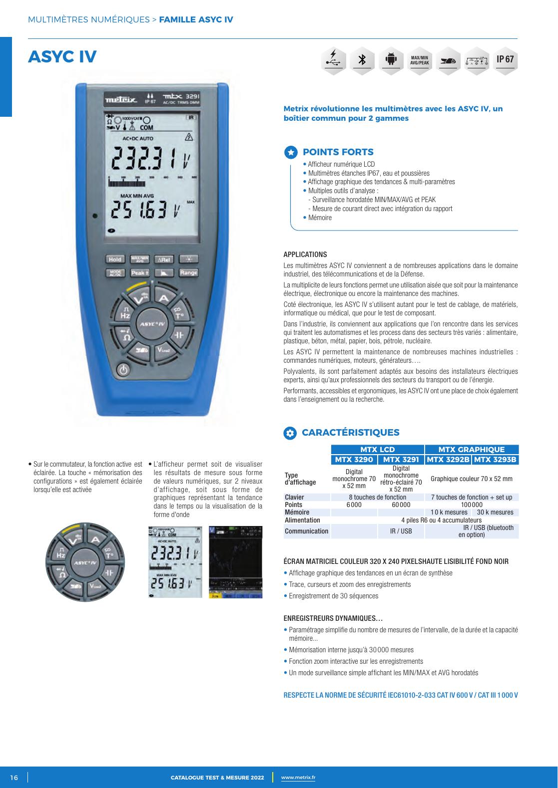 Page du catalogue Metrix 2022 montrant un multimètre ASYC IV bleu, son écran et ses fonctions de mesure