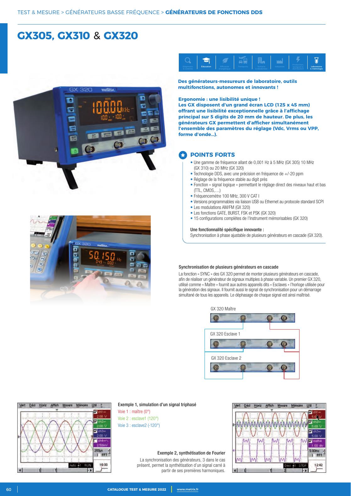 Générateur de fonctions Metrix GX 320 et exemples de signaux figurant dans le catalogue 2022