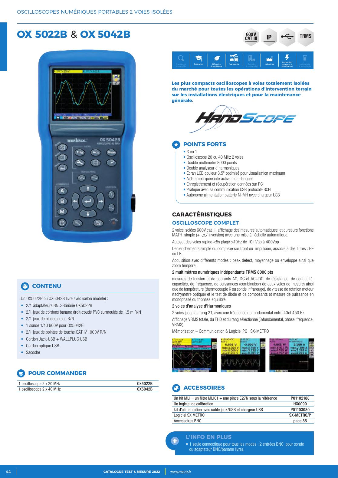 Oscilloscope portable Metrix Handscope OX 5022B présenté dans le catalogue 2022