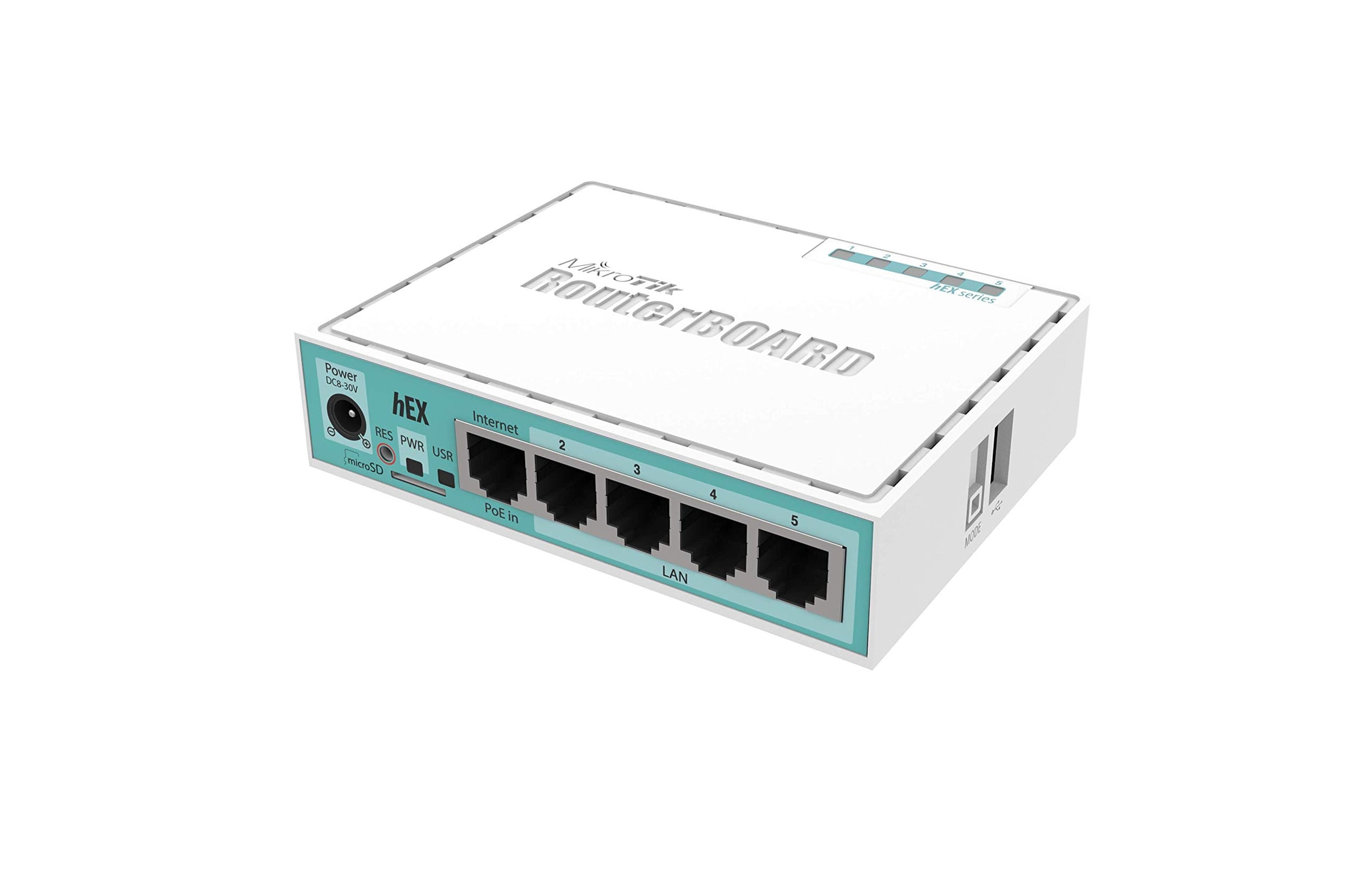 Boîtier MikroTik RouterBOARD hEX blanc avec cinq ports Ethernet et une fente microSD.